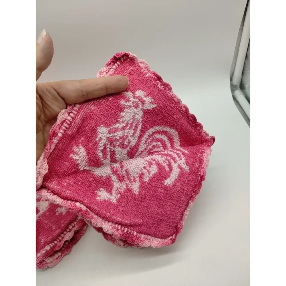 2 Vintage Terry Cloth Pot Holders Hot Pads Kitchen Pink Rooster Crocheted Edge